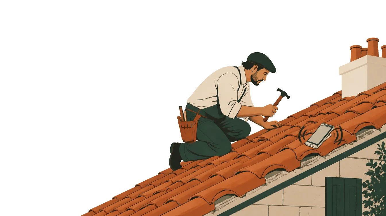 Un couvreur au travail sur un toit, son téléphone posé sur les tuiles à côté de lui.